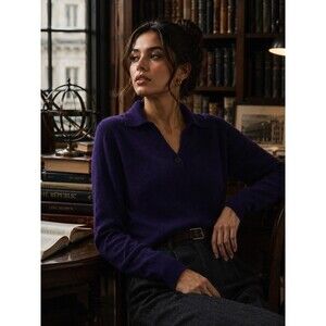 Prive 100% Cashmere Sweater Size Small Collared Purple V Neck Academia Preppy